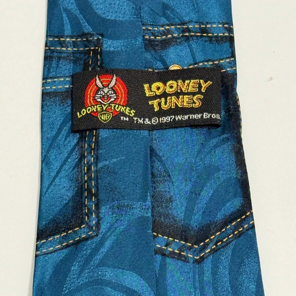 1997 Looney Tunes Denim Shirt Illusion Tie Bugs Bunny Sylvester Taz Daffy Silk